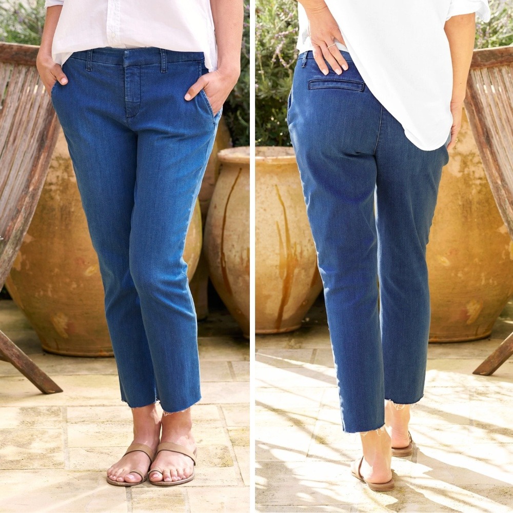 Frank & Eileen Wicklow Italian Denim Chino Pants Blue Raw Hem Size 12